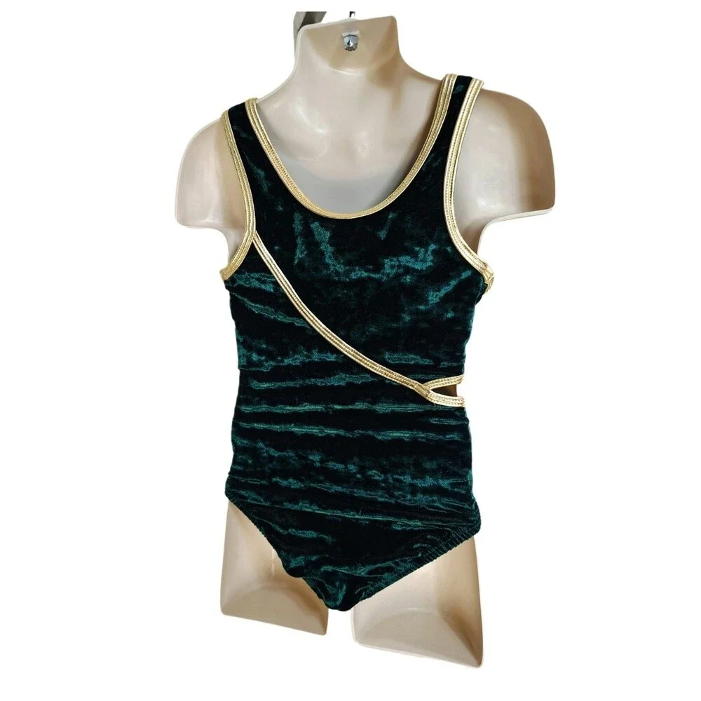 Satara Crushed Velvet Cutout Leotard Green Gold Bling Kids CS Elfcore Fairycore